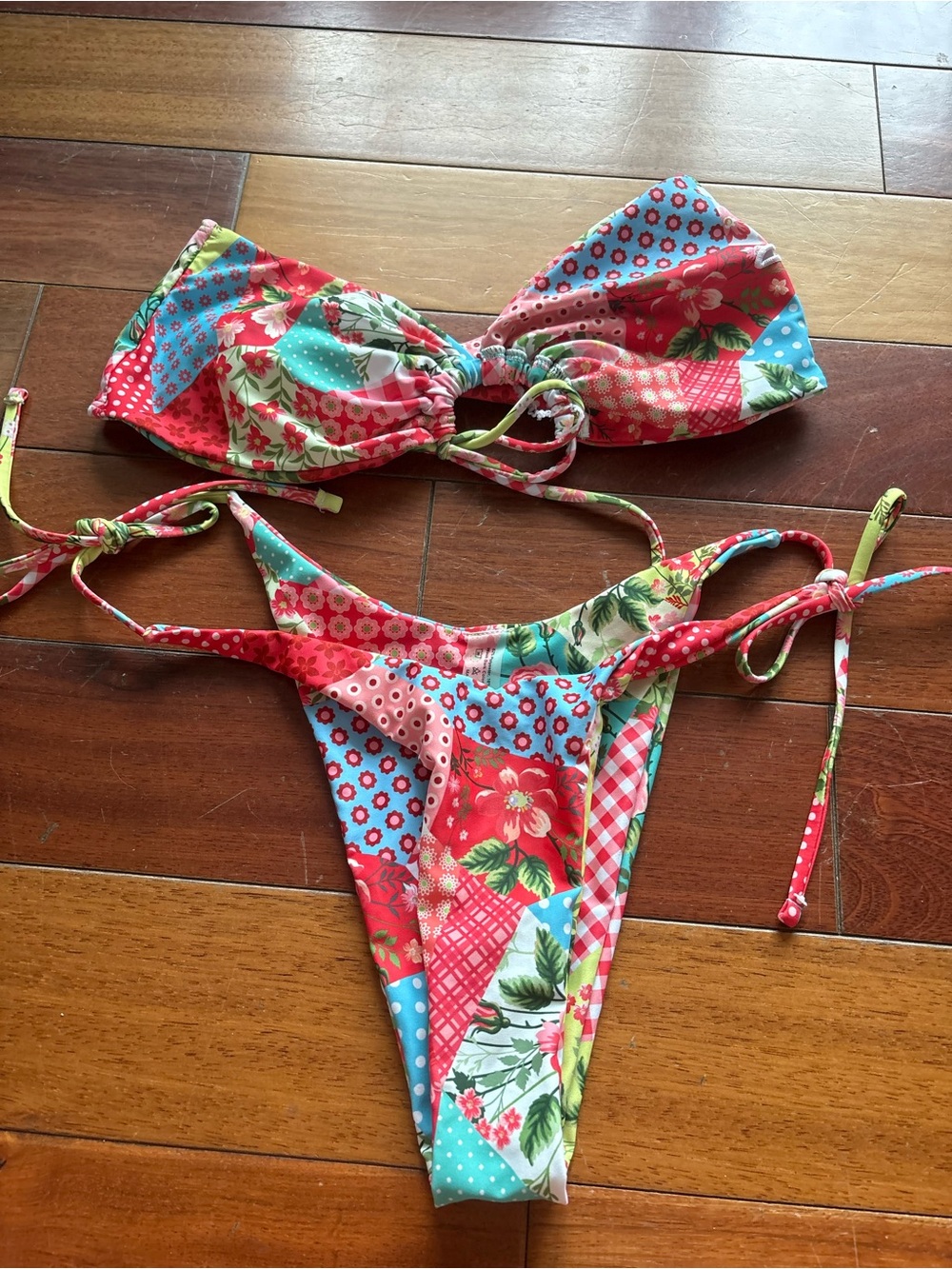 SHEIN Patchwork Floral Tie-Side Bikini in Red, Blue, Green